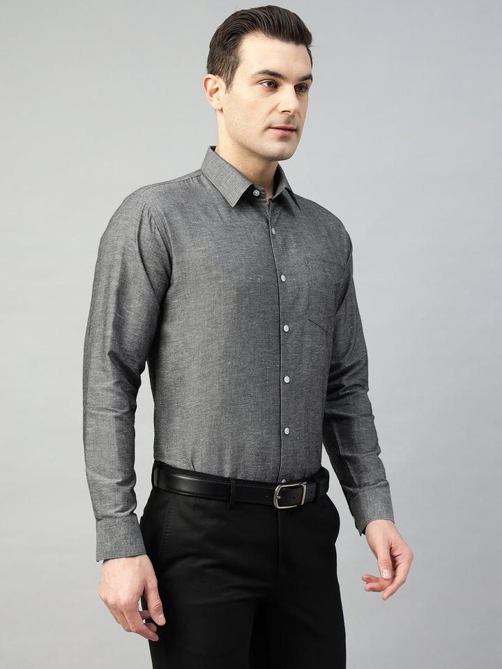 Hancock Men Grey Solid Linen Cotton Slim Fit Formal Shirt