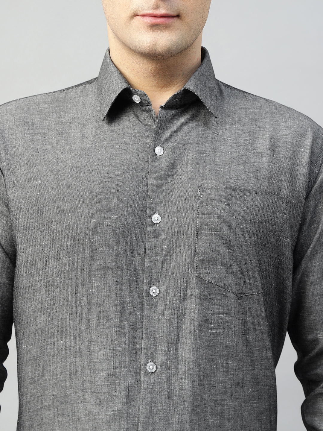 Hancock Men Grey Solid Linen Cotton Slim Fit Formal Shirt