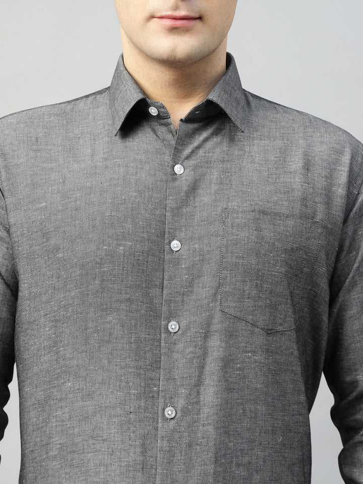 Hancock Men Grey Solid Linen Cotton Slim Fit Formal Shirt