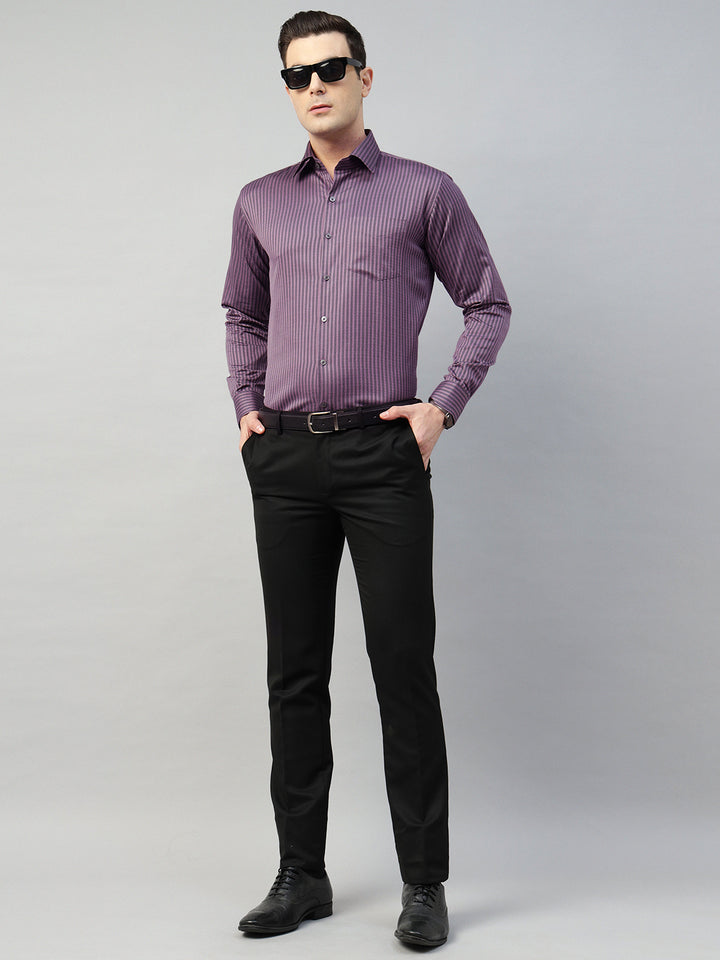 Hancock Men Purple & Grey Stripe Pure Cotton Slim Fit Formal Shirt