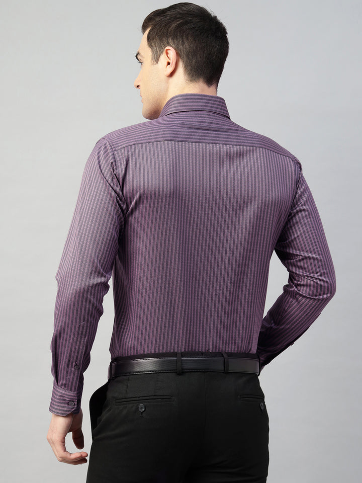 Hancock Men Purple & Grey Stripe Pure Cotton Slim Fit Formal Shirt