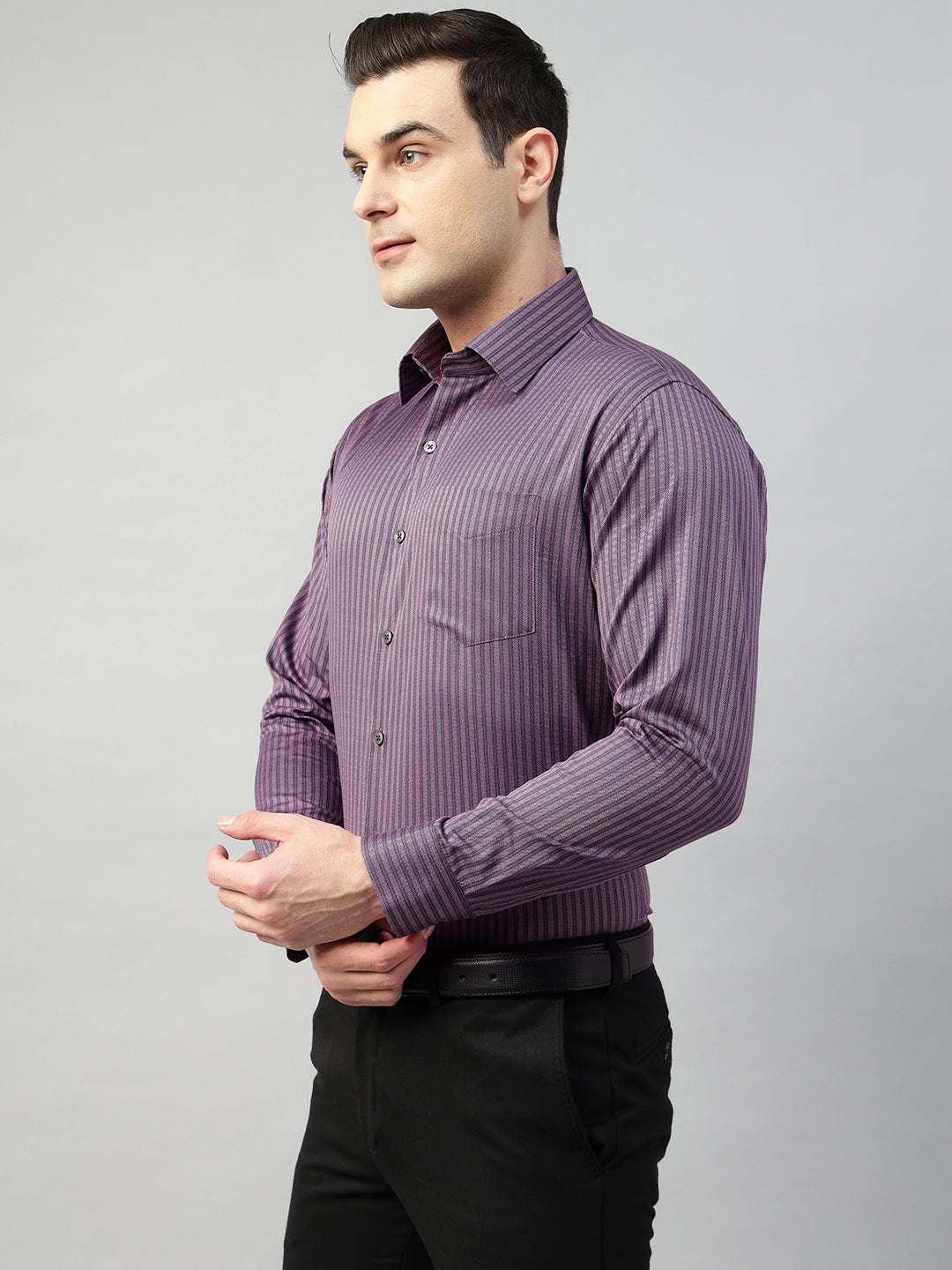Hancock Men Purple & Grey Stripe Pure Cotton Slim Fit Formal Shirt