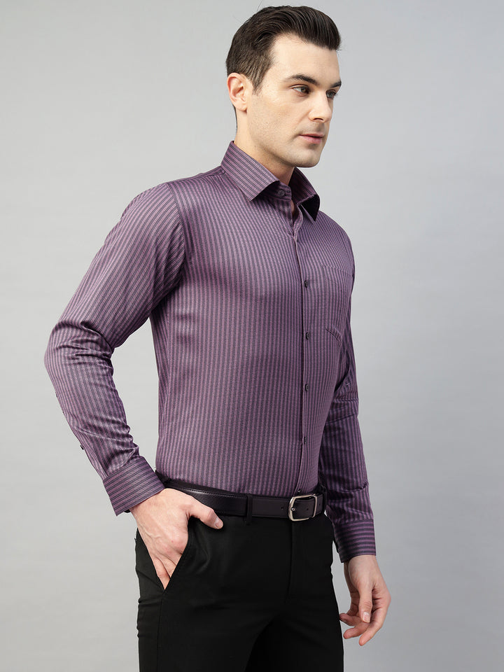 Hancock Men Purple & Grey Stripe Pure Cotton Slim Fit Formal Shirt