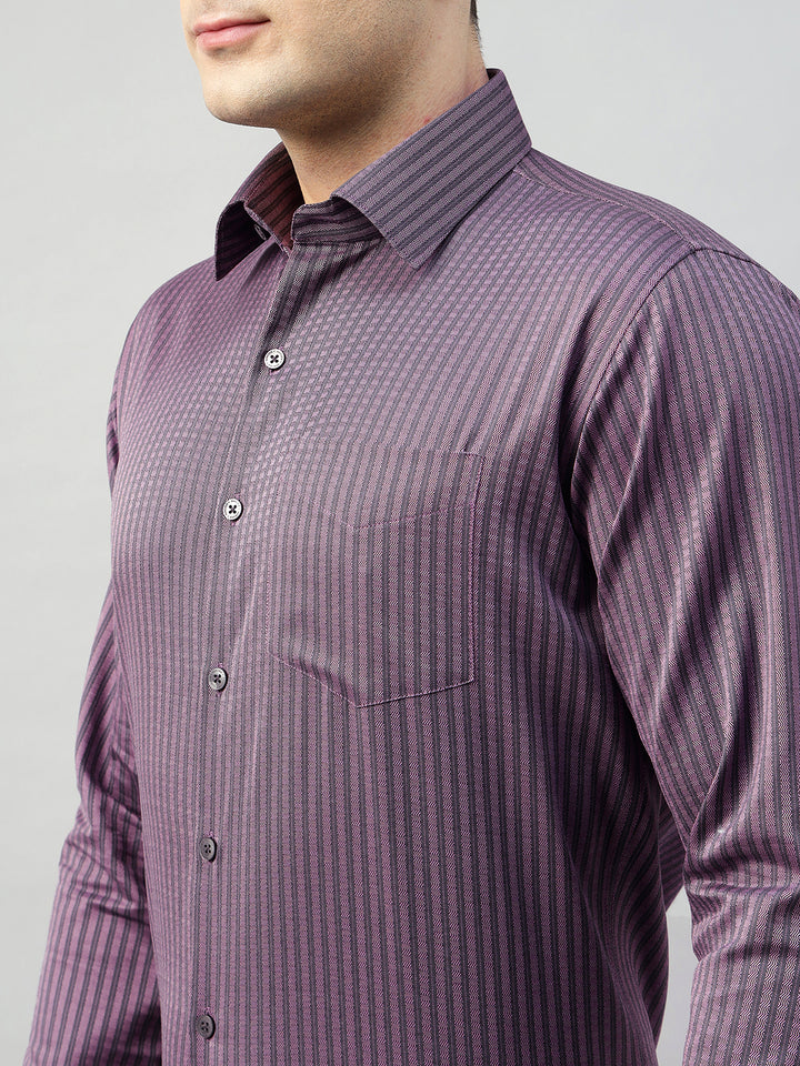 Hancock Men Purple & Grey Stripe Pure Cotton Slim Fit Formal Shirt