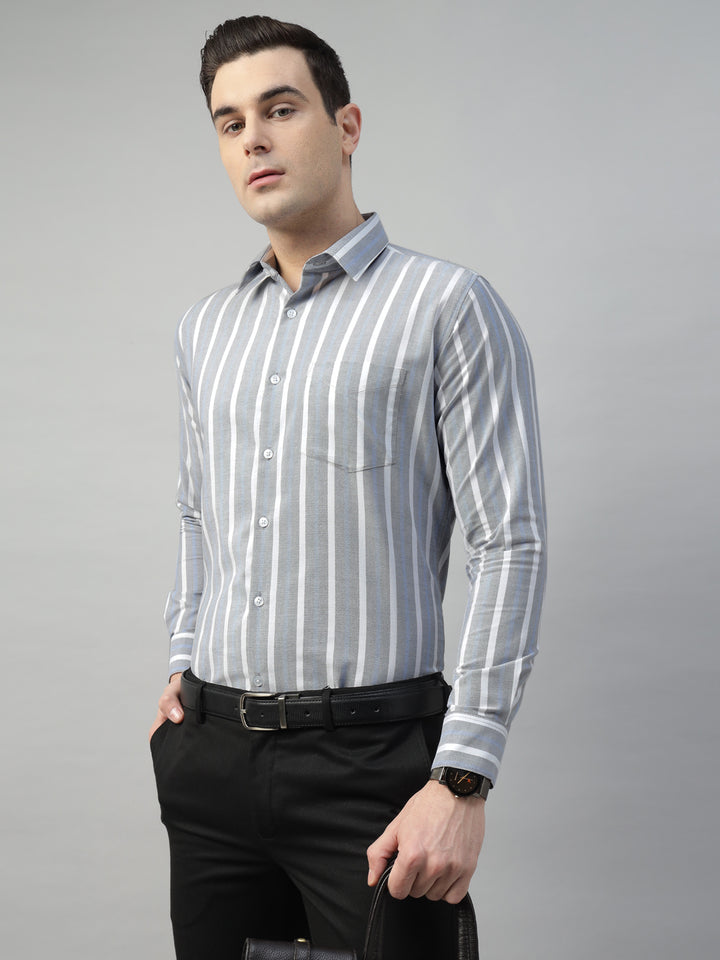 Hancock Men Grey & White Stripe Pure Cotton Slim Fit Formal Shirt