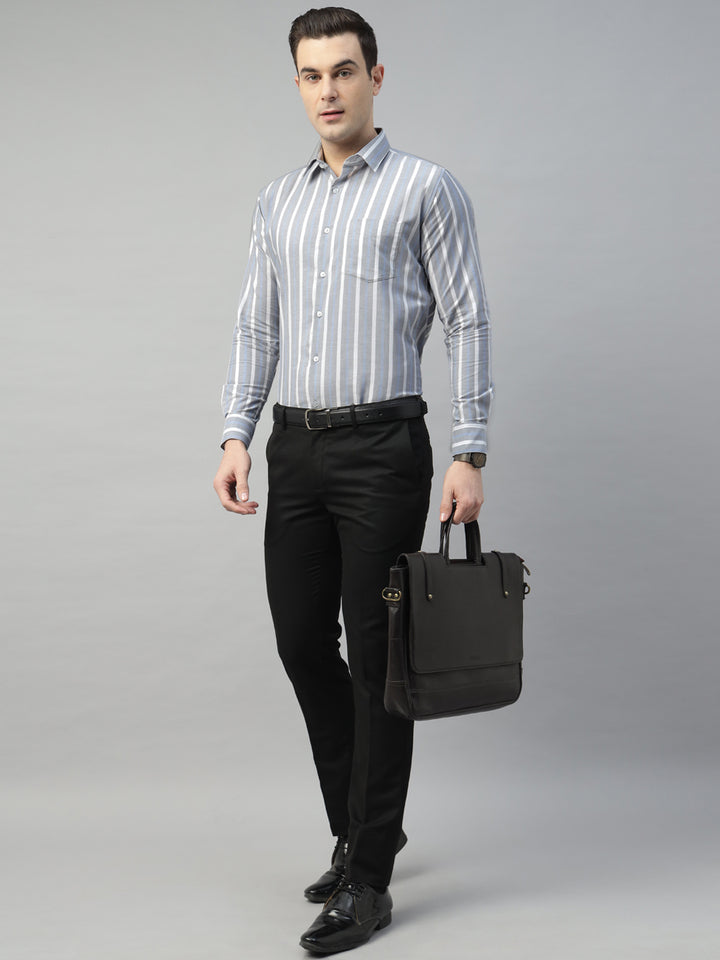 Hancock Men Grey & White Stripe Pure Cotton Slim Fit Formal Shirt