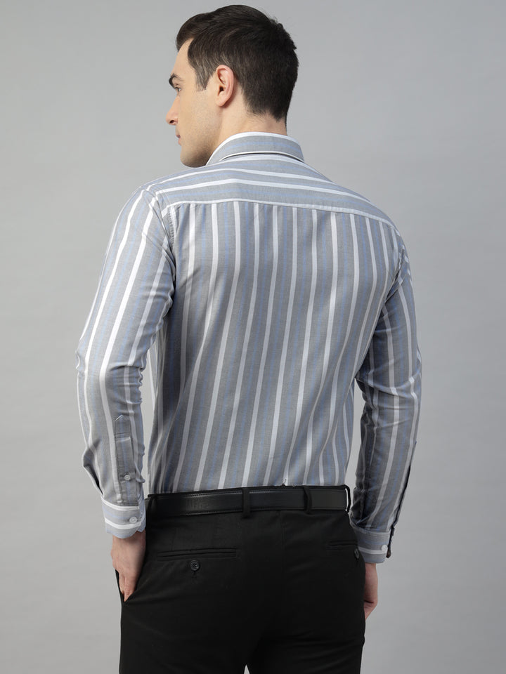 Hancock Men Grey & White Stripe Pure Cotton Slim Fit Formal Shirt