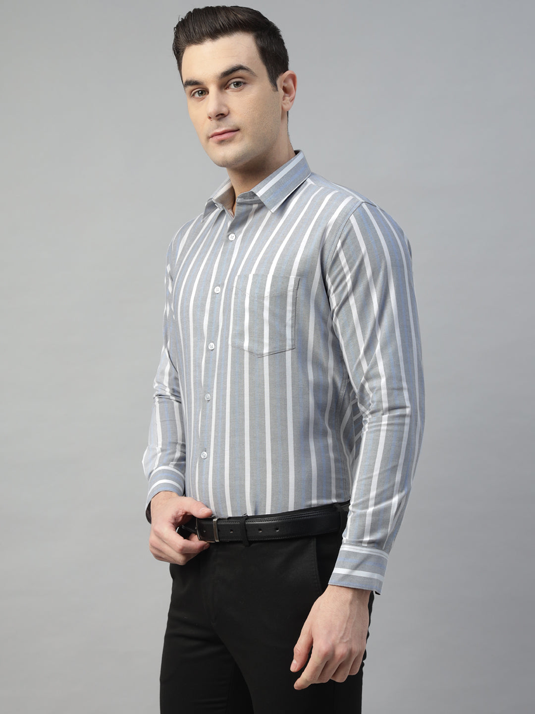 Hancock Men Grey & White Stripe Pure Cotton Slim Fit Formal Shirt