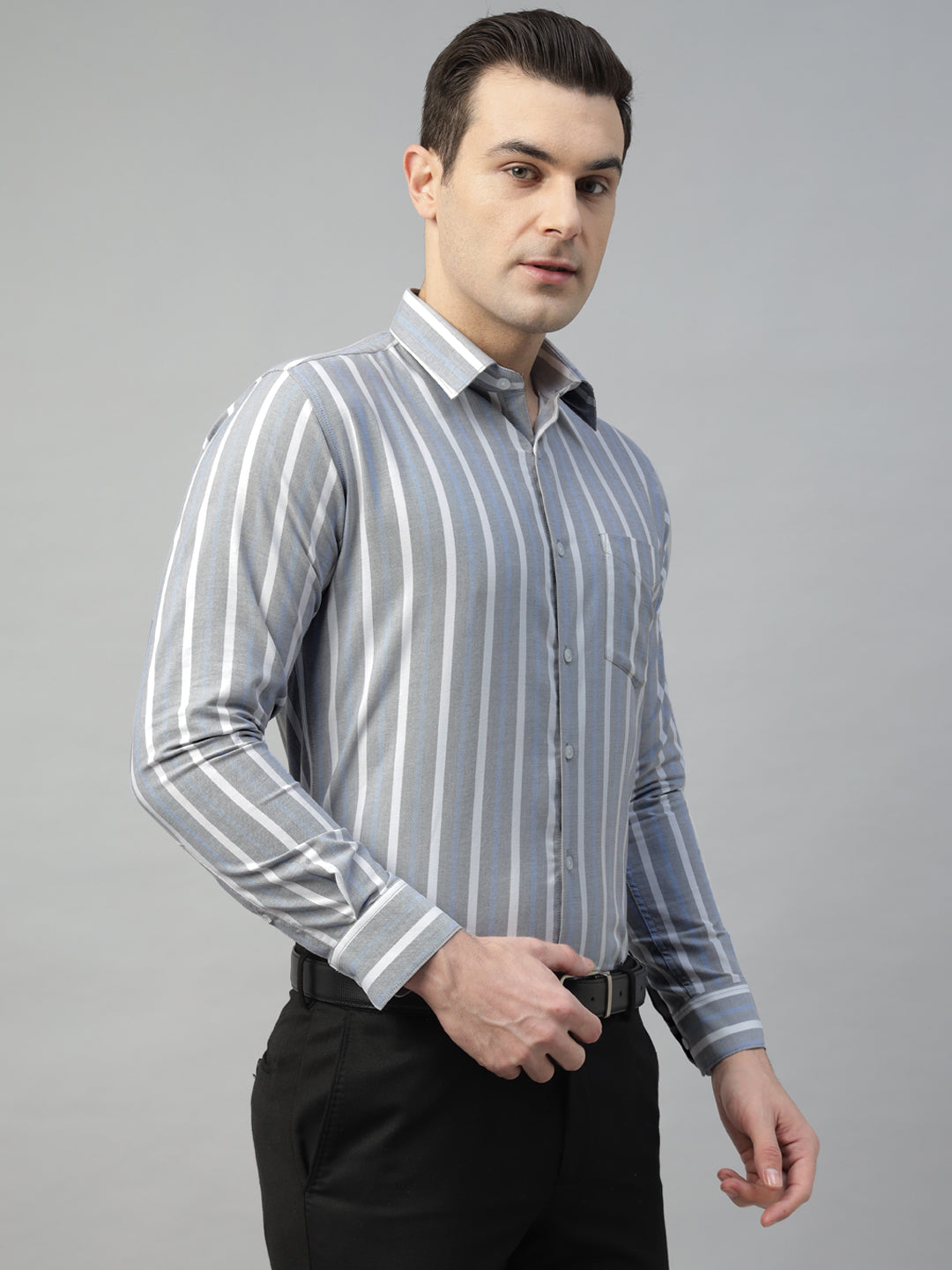 Hancock Men Grey & White Stripe Pure Cotton Slim Fit Formal Shirt