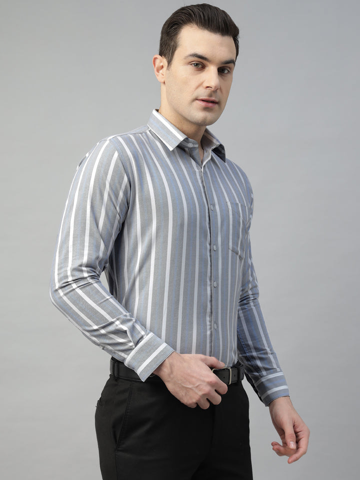 Hancock Men Grey & White Stripe Pure Cotton Slim Fit Formal Shirt