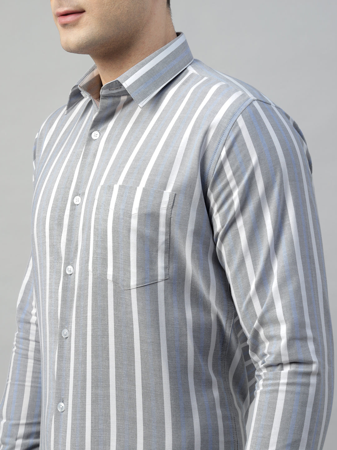 Hancock Men Grey & White Stripe Pure Cotton Slim Fit Formal Shirt