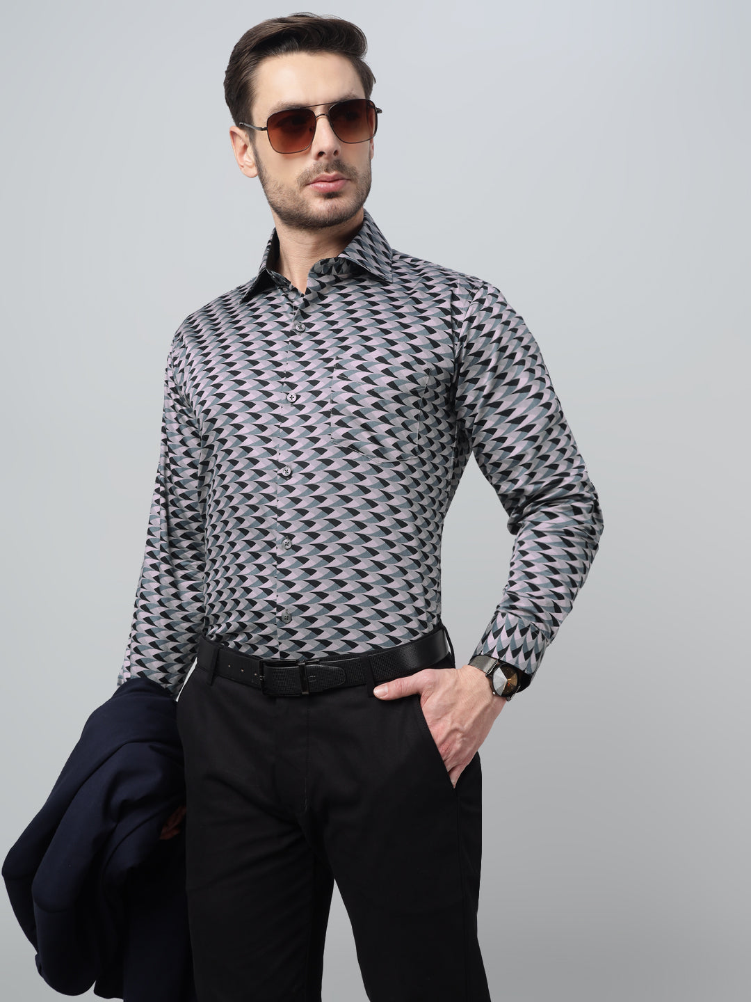 Hancock Men Sage Green Print Spread Collar Slim Fit Party Shirt