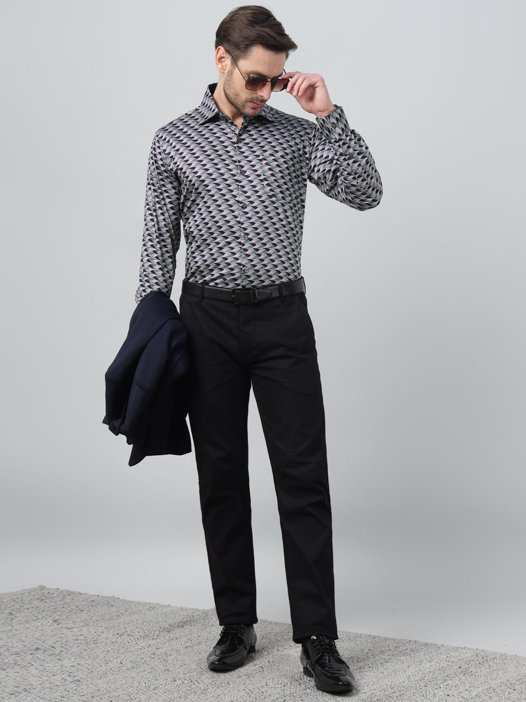 Hancock Men Sage Green Print Spread Collar Slim Fit Party Shirt