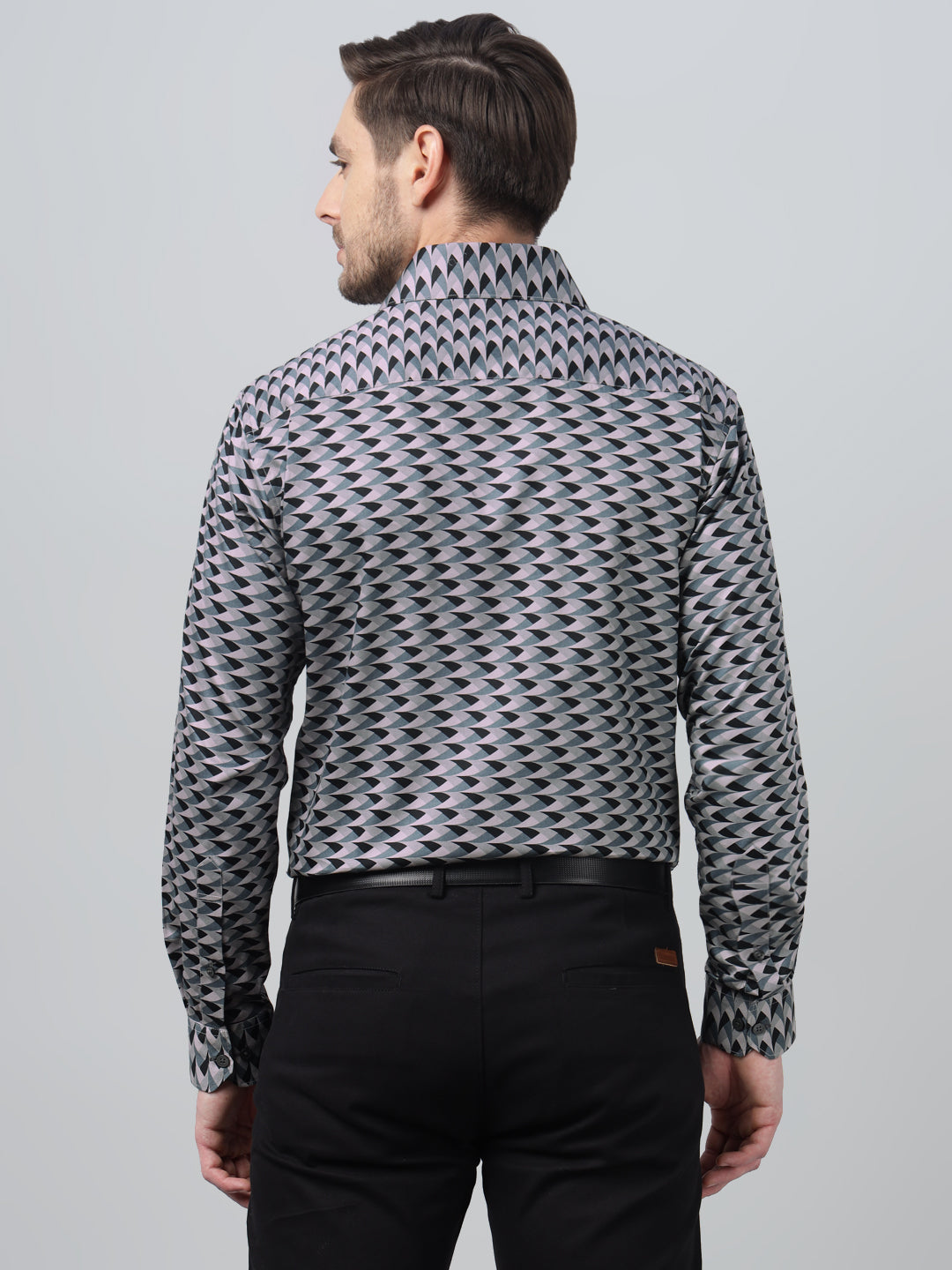 Hancock Men Sage Green Print Spread Collar Slim Fit Party Shirt