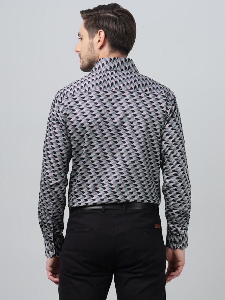 Hancock Men Sage Green Print Spread Collar Slim Fit Party Shirt