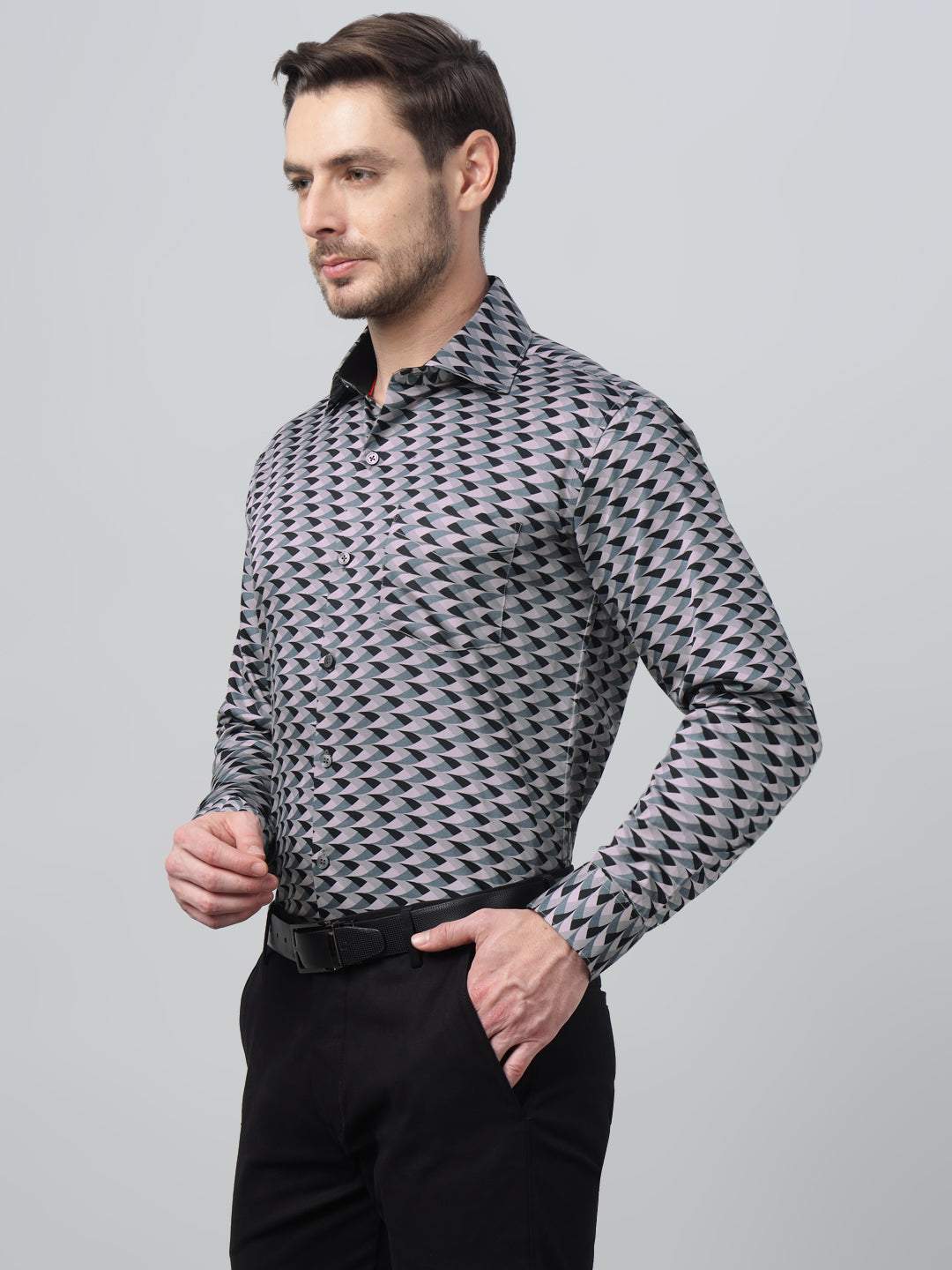 Hancock Men Sage Green Print Spread Collar Slim Fit Party Shirt