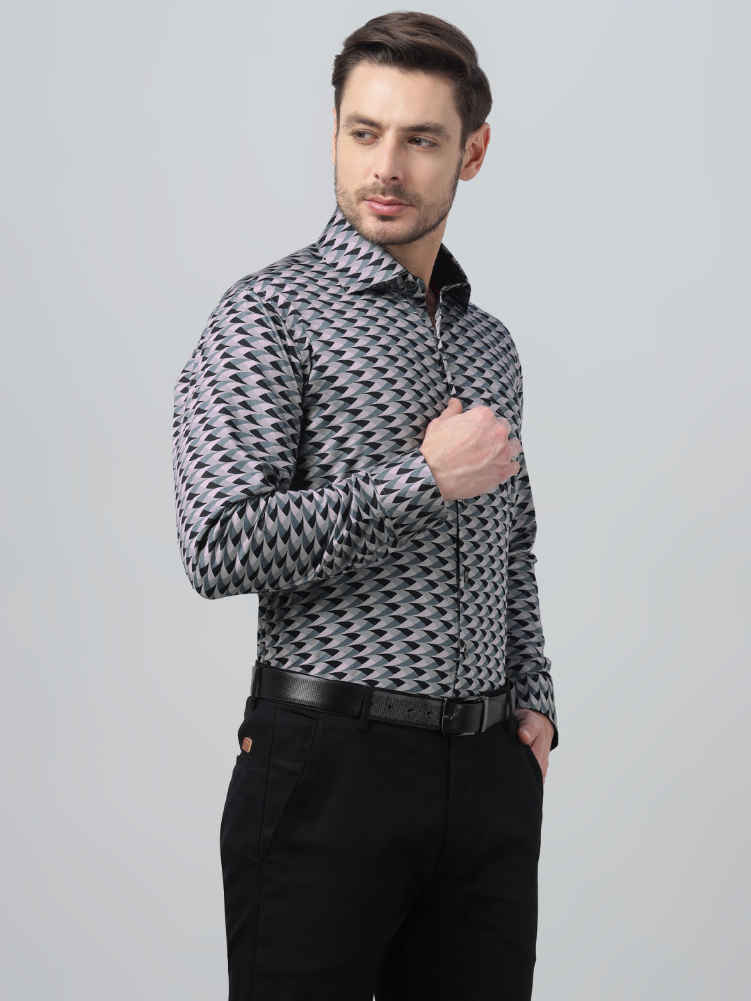 Hancock Men Sage Green Print Spread Collar Slim Fit Party Shirt