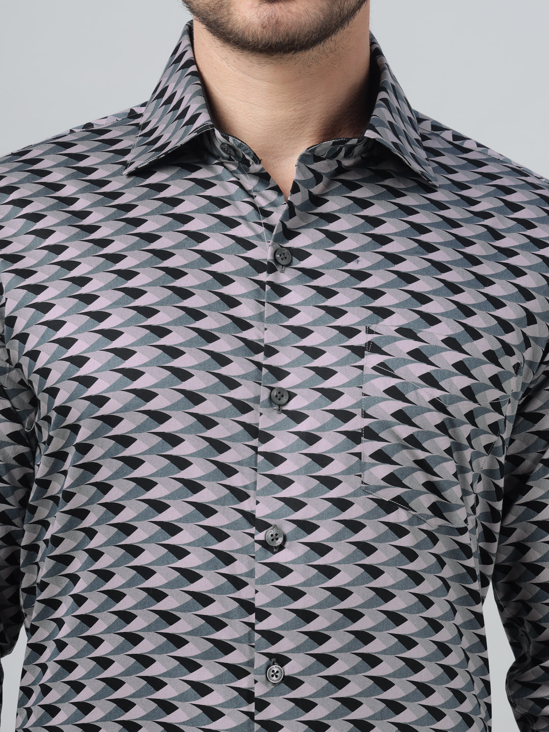 Hancock Men Sage Green Print Spread Collar Slim Fit Party Shirt