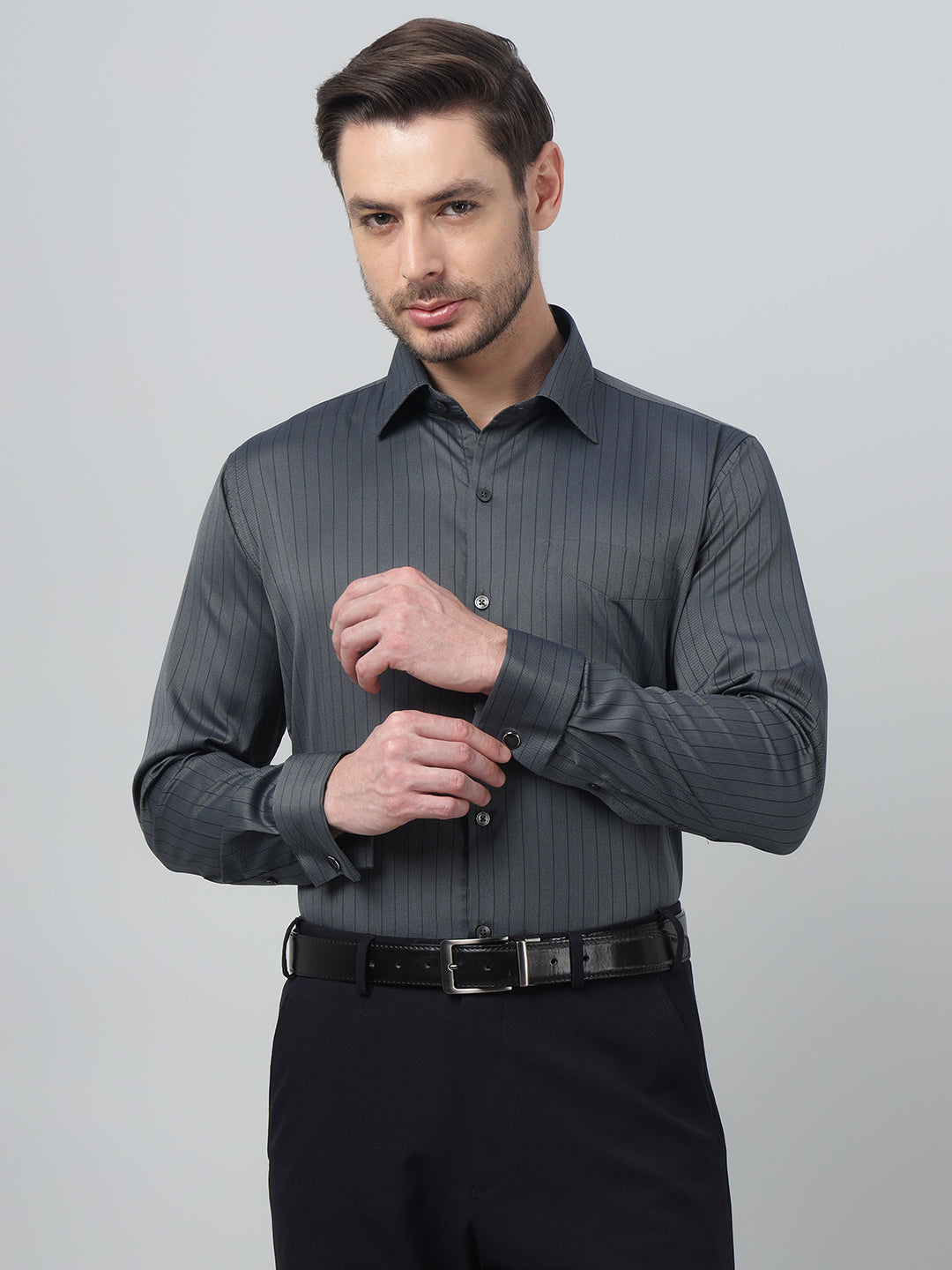 Hancock Men Grey Stripe Spread Collar Slim Fit Party Shirt