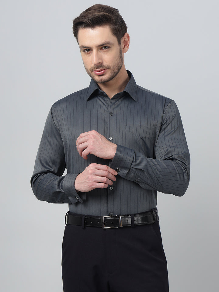 Hancock Men Grey Stripe Spread Collar Slim Fit Party Shirt
