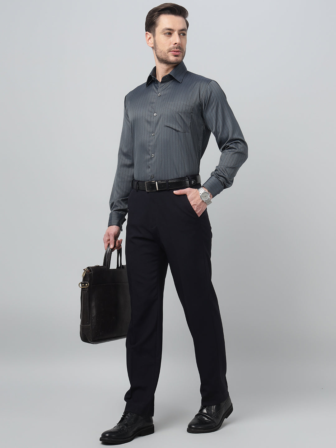 Hancock Men Grey Stripe Spread Collar Slim Fit Party Shirt