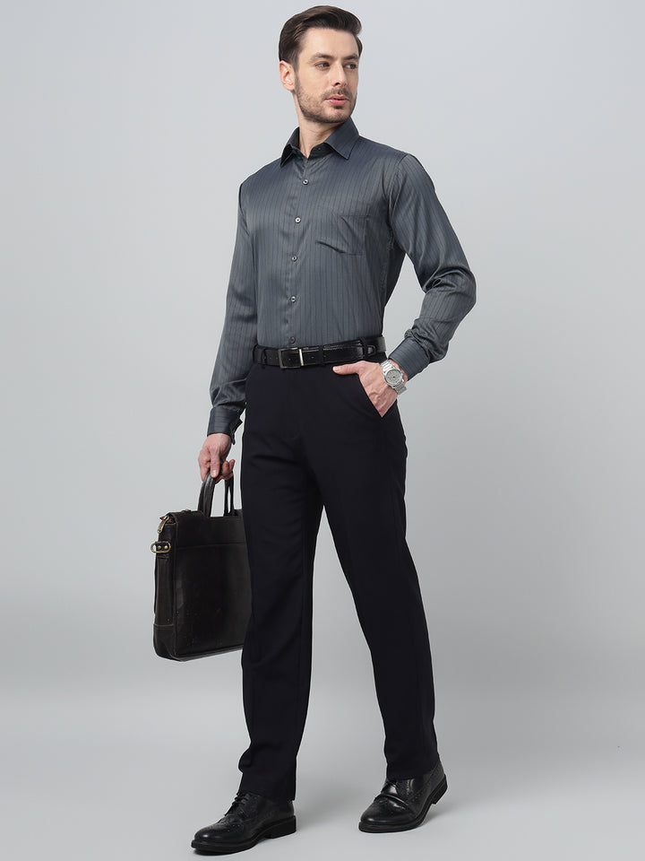 Hancock Men Grey Stripe Spread Collar Slim Fit Party Shirt