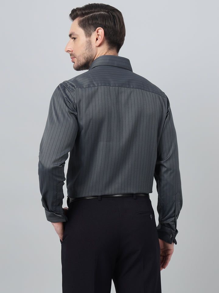Hancock Men Grey Stripe Spread Collar Slim Fit Party Shirt
