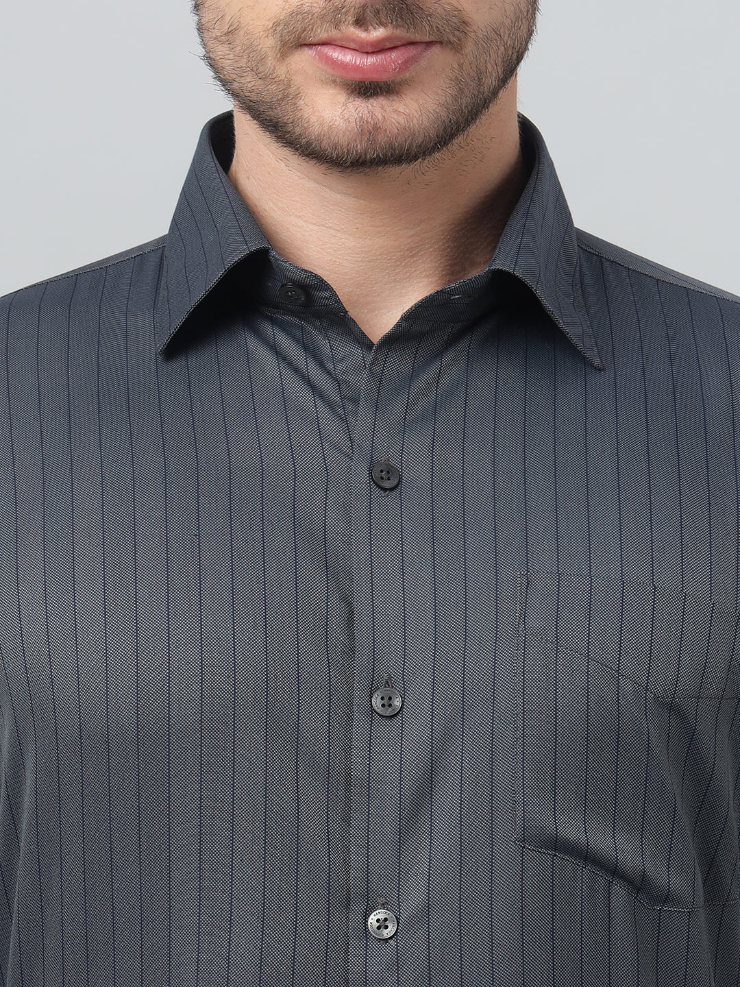 Hancock Men Grey Stripe Spread Collar Slim Fit Party Shirt