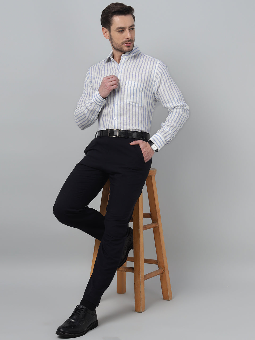 Hancock Men White & Blue Stripe Spread Collar Slim Fit Formal Shirt