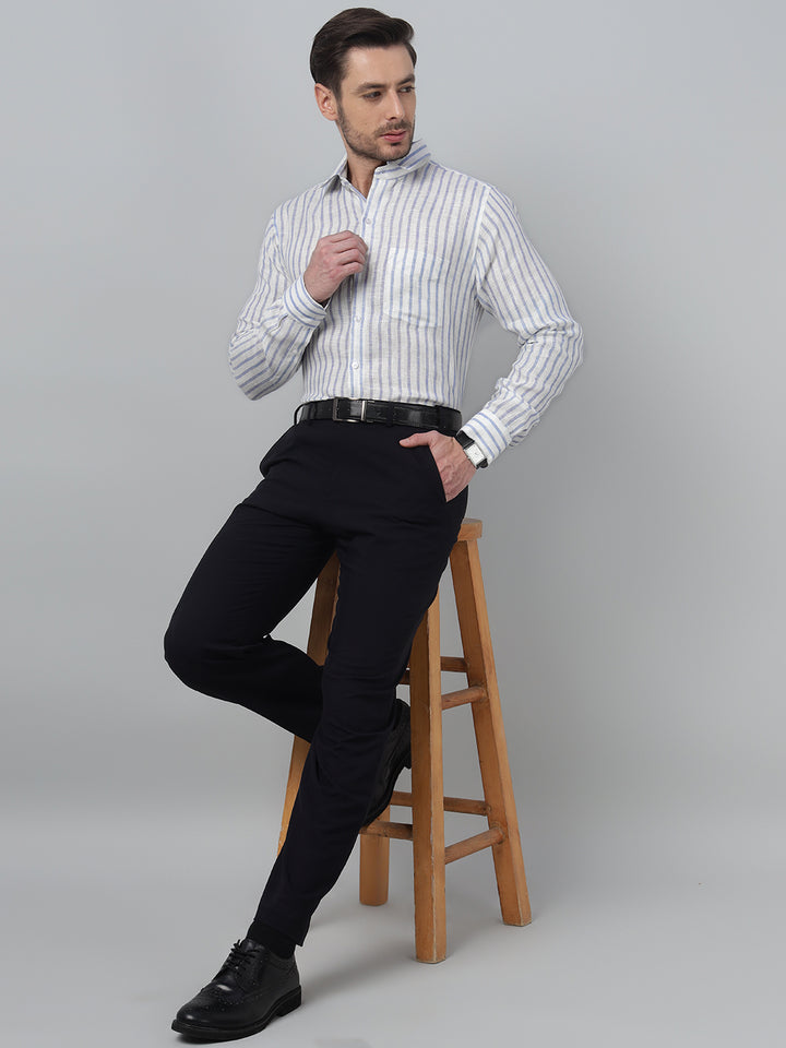 Hancock Men White & Blue Stripe Spread Collar Slim Fit Formal Shirt