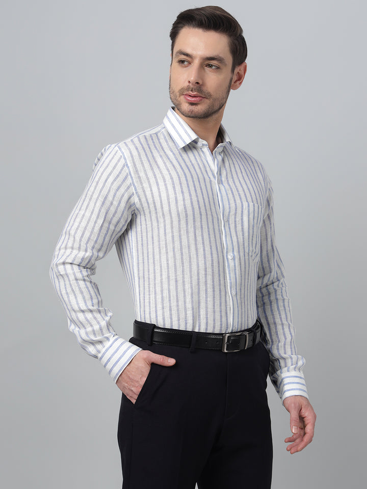 Hancock Men White & Blue Stripe Spread Collar Slim Fit Formal Shirt