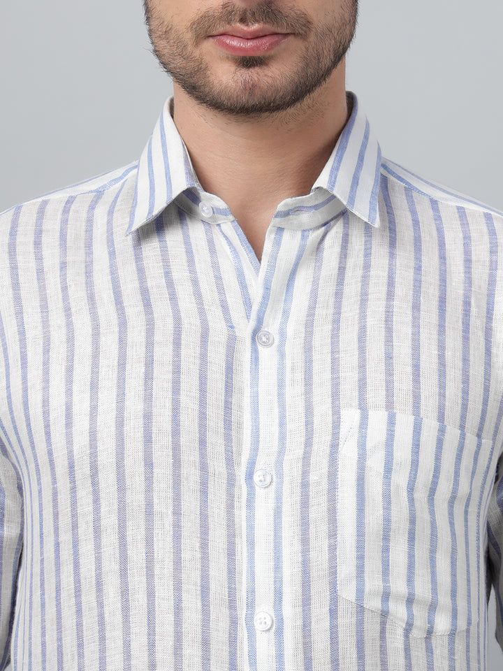 Hancock Men White & Blue Stripe Spread Collar Slim Fit Formal Shirt