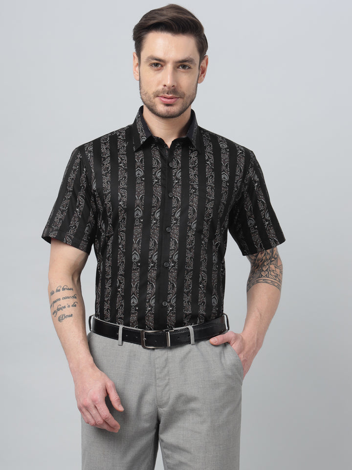 Hancock Men Black Print Spread Collar Slim Fit Formal Shirt