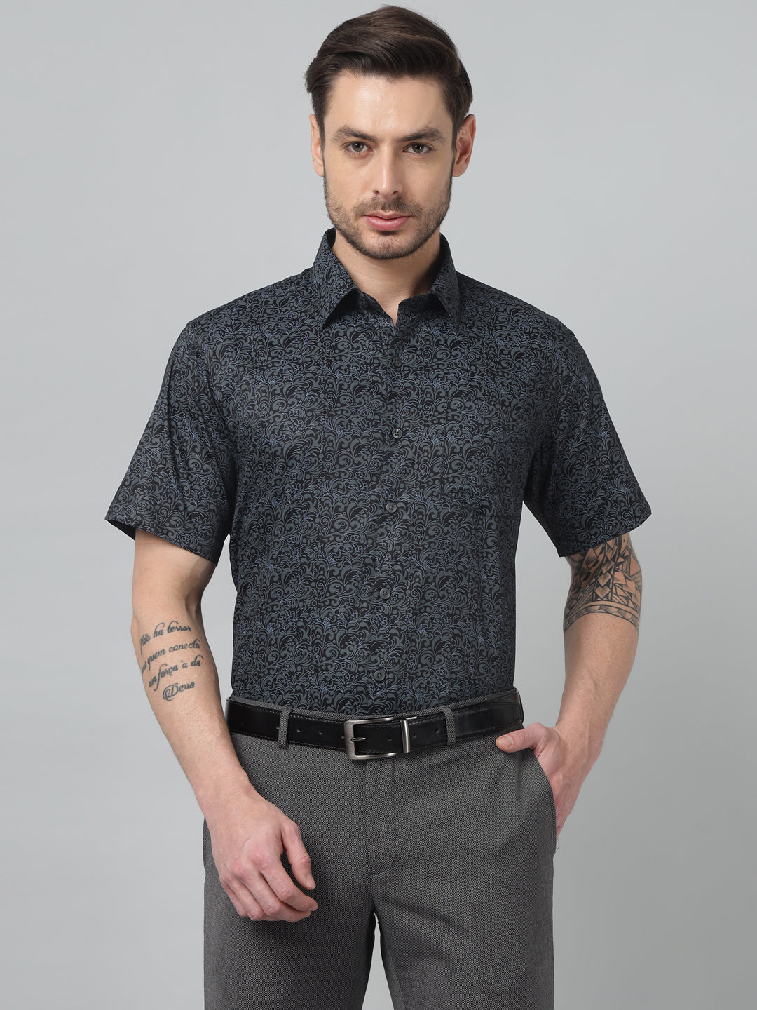 Hancock Men Black Print Spread Collar Slim Fit Formal Shirt