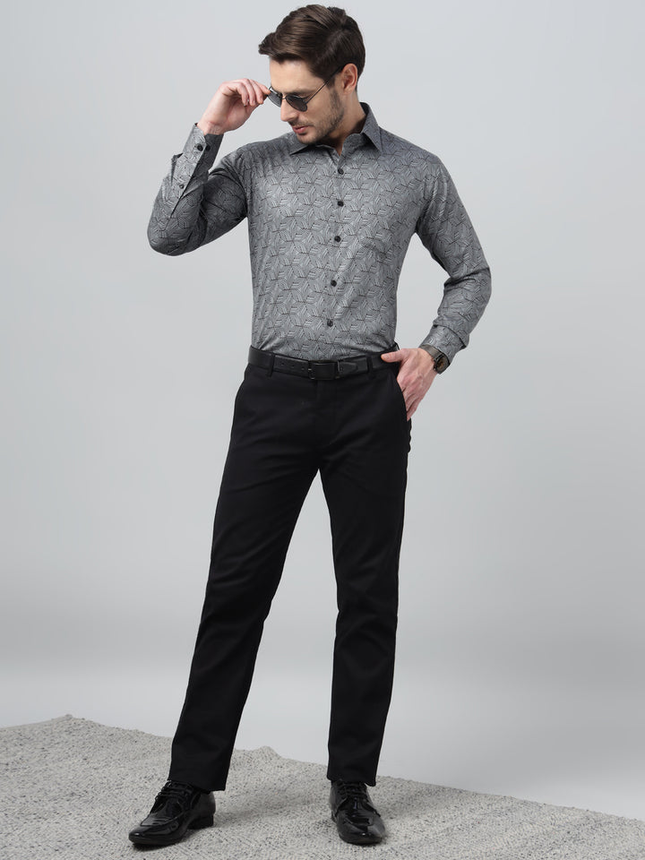 Hancock Men Grey Print Spread Collar Slim Fit Party Shirt