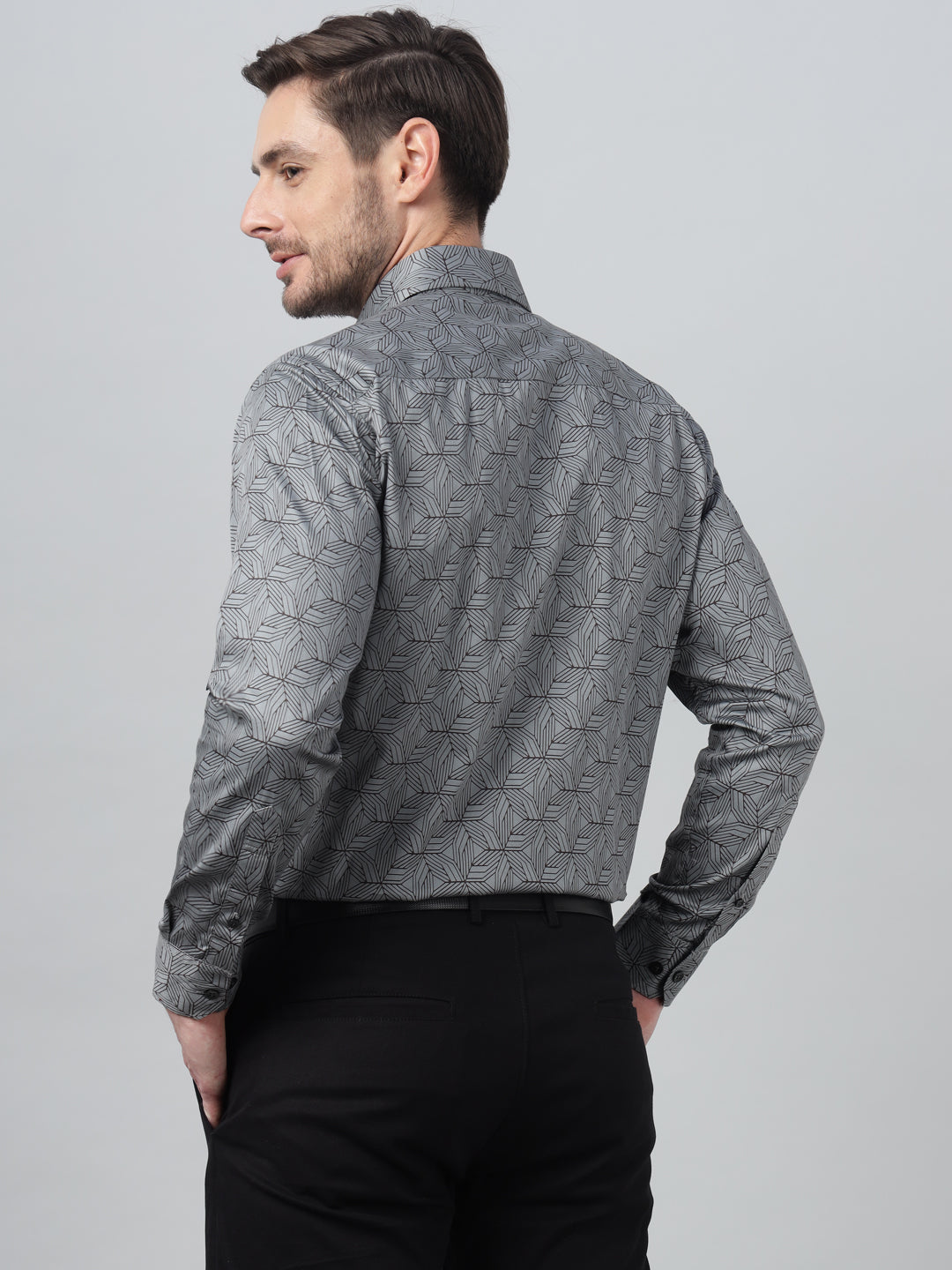 Hancock Men Grey Print Spread Collar Slim Fit Party Shirt