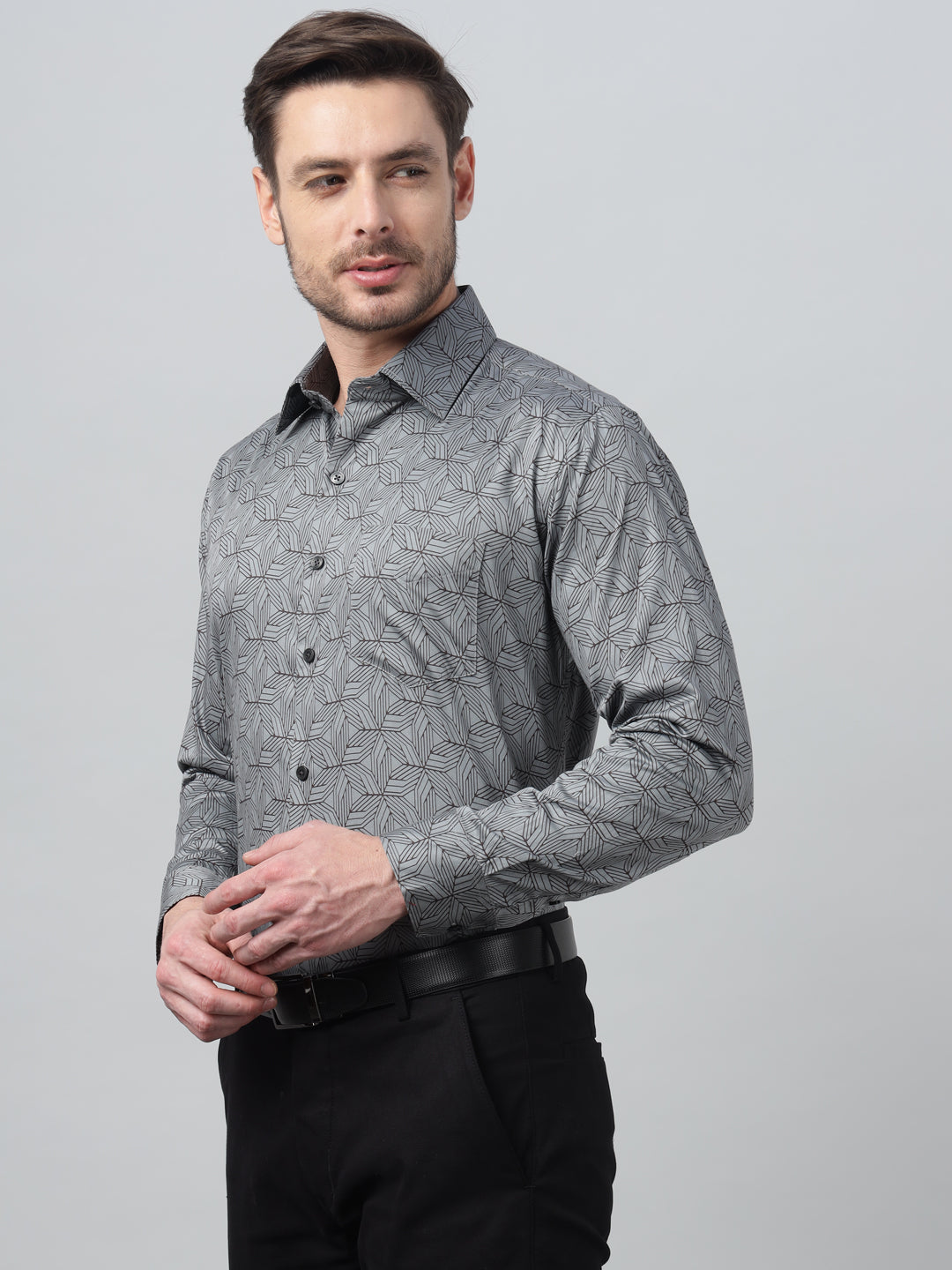 Hancock Men Grey Print Spread Collar Slim Fit Party Shirt