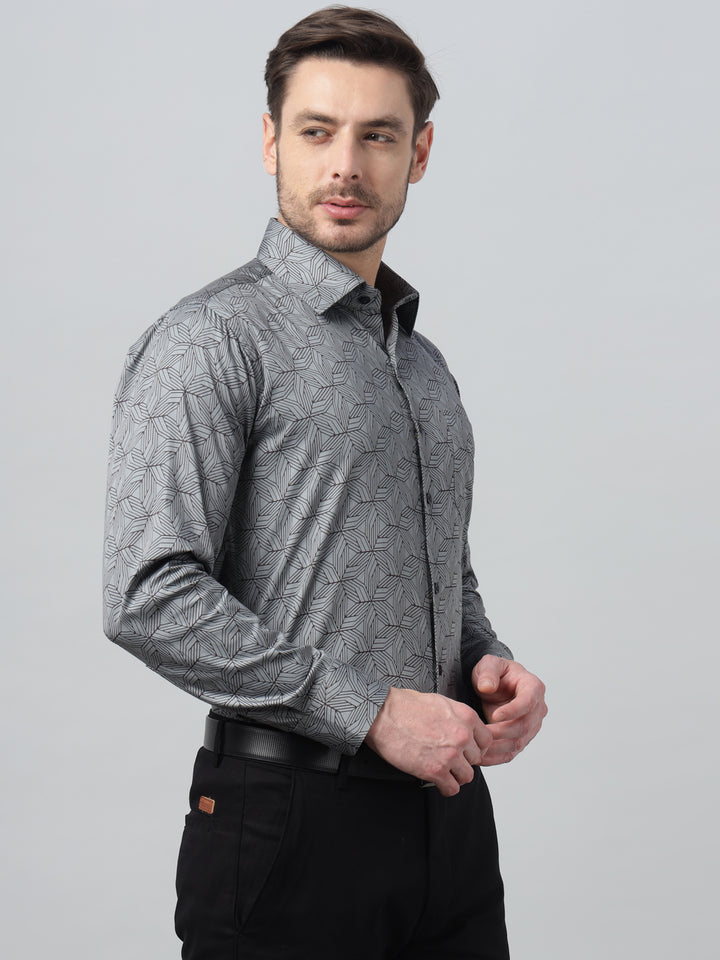 Hancock Men Grey Print Spread Collar Slim Fit Party Shirt