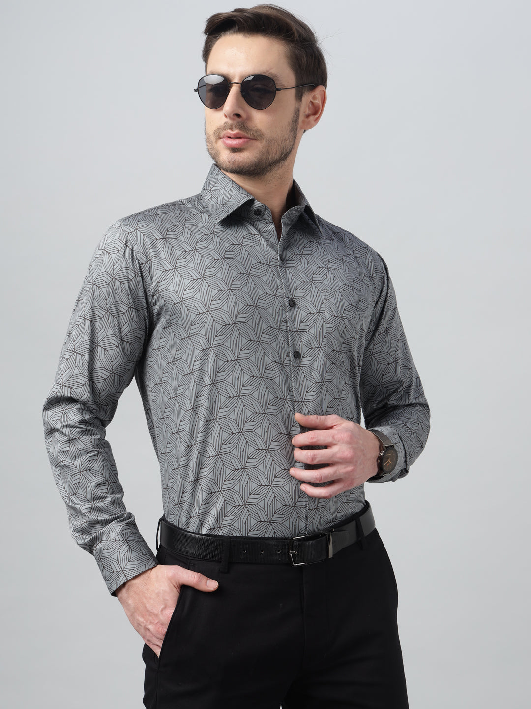 Hancock Men Grey Print Spread Collar Slim Fit Party Shirt