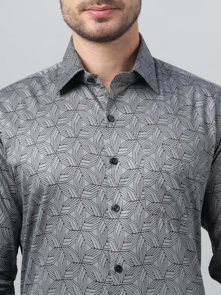 Hancock Men Grey Print Spread Collar Slim Fit Party Shirt