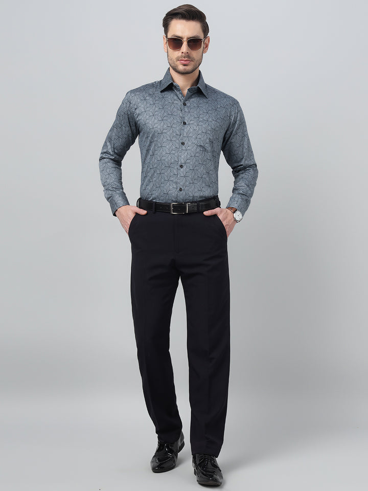 Hancock Men Blue Print Spread Collar Slim Fit Party Shirt