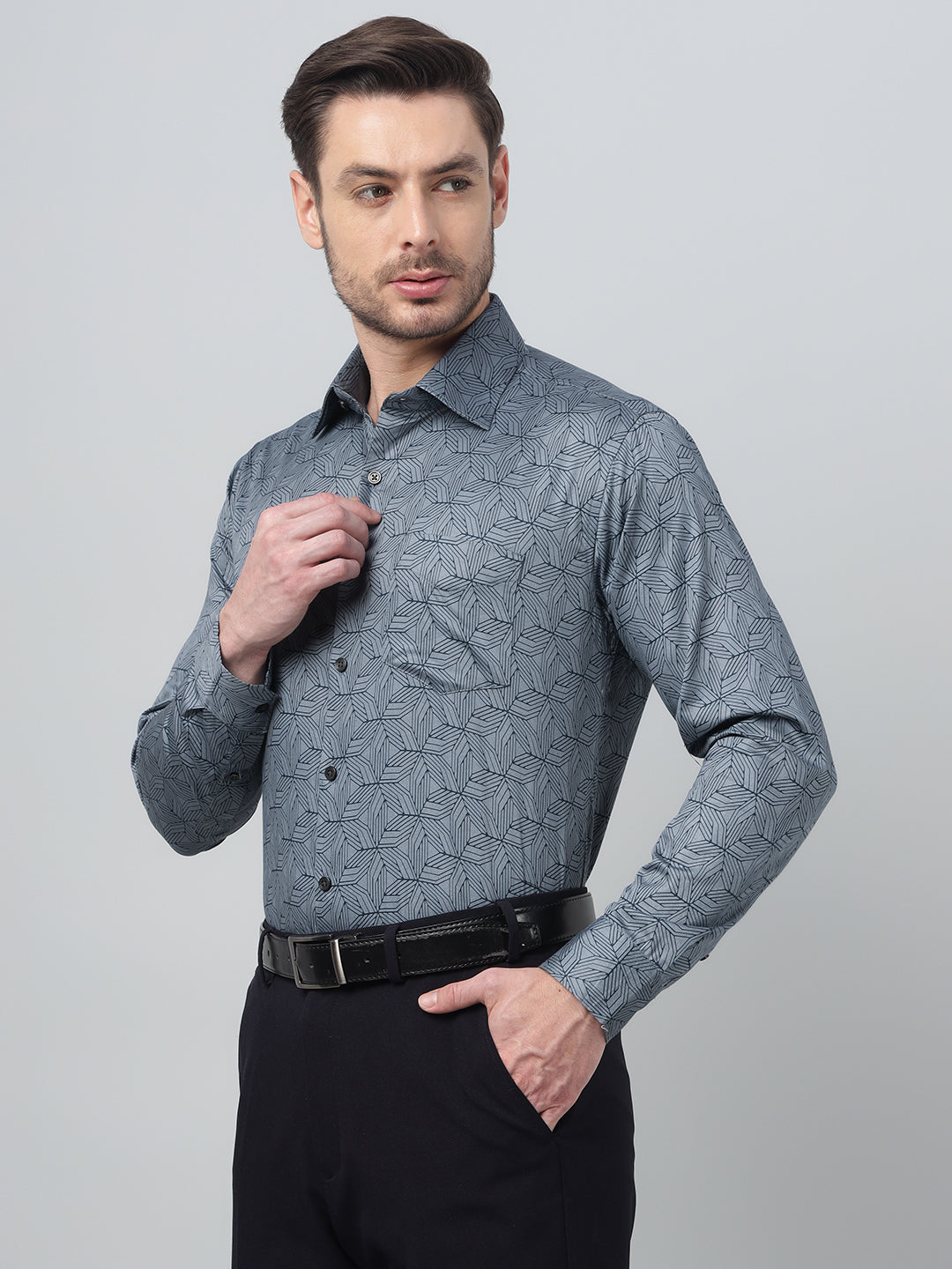 Hancock Men Blue Print Spread Collar Slim Fit Party Shirt