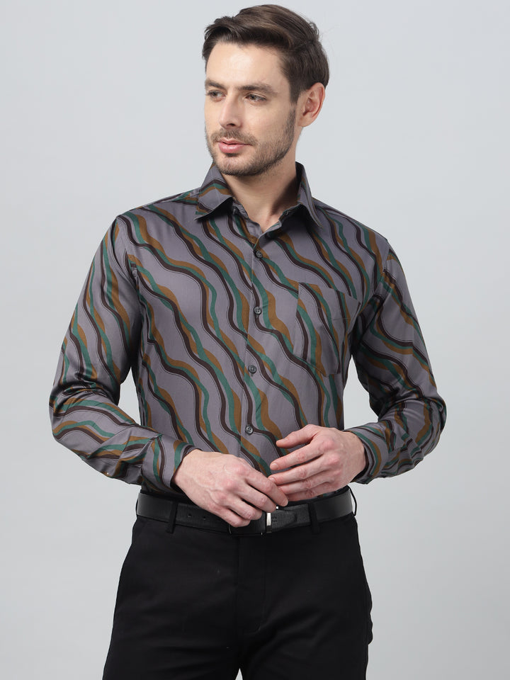 Hancock Men Grey & Mustard Print Spread Collar Slim Fit Party Shirt