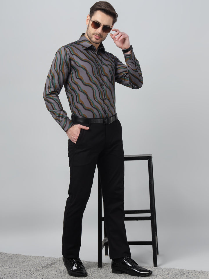 Hancock Men Grey & Mustard Print Spread Collar Slim Fit Party Shirt