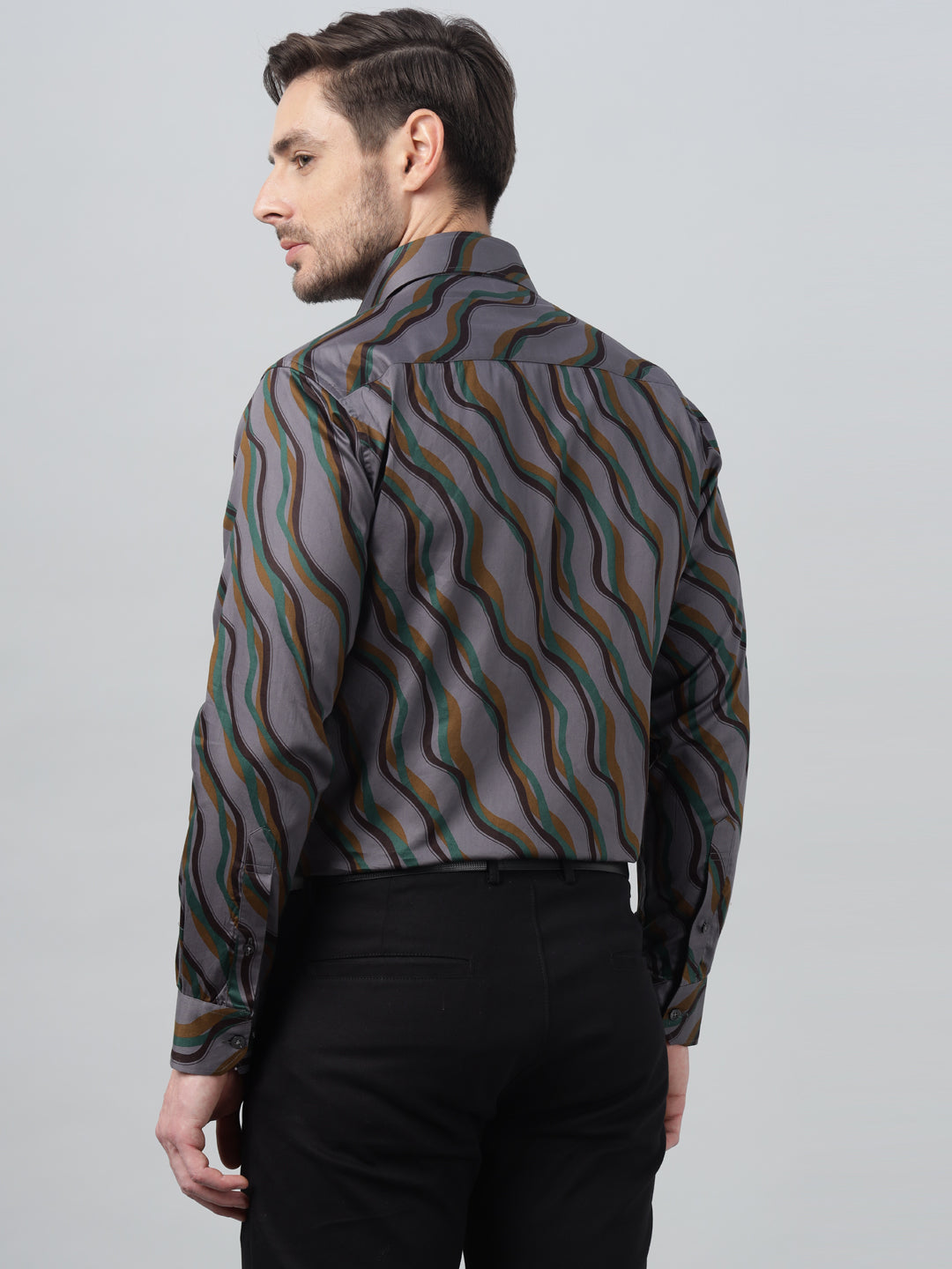 Hancock Men Grey & Mustard Print Spread Collar Slim Fit Party Shirt