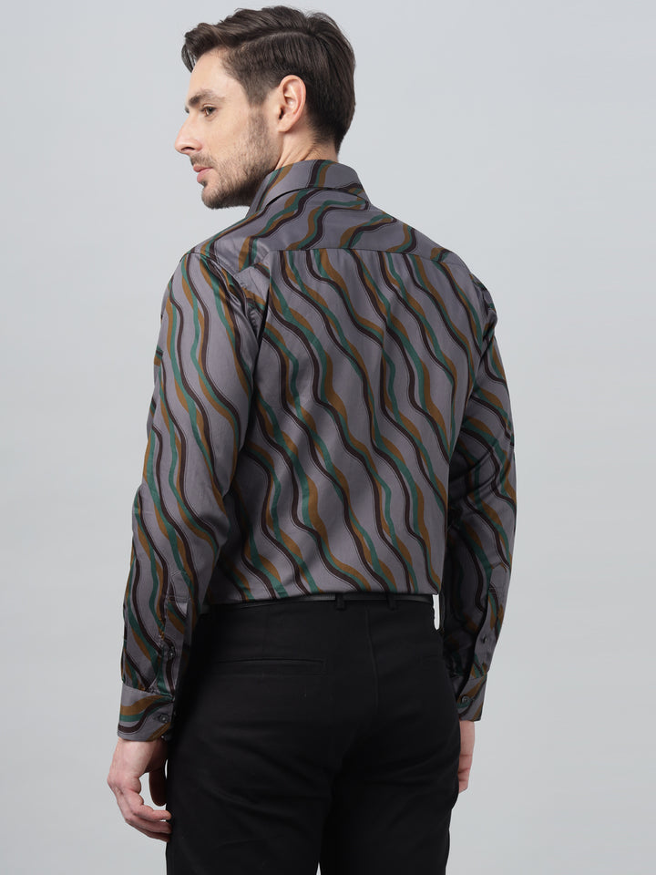 Hancock Men Grey & Mustard Print Spread Collar Slim Fit Party Shirt