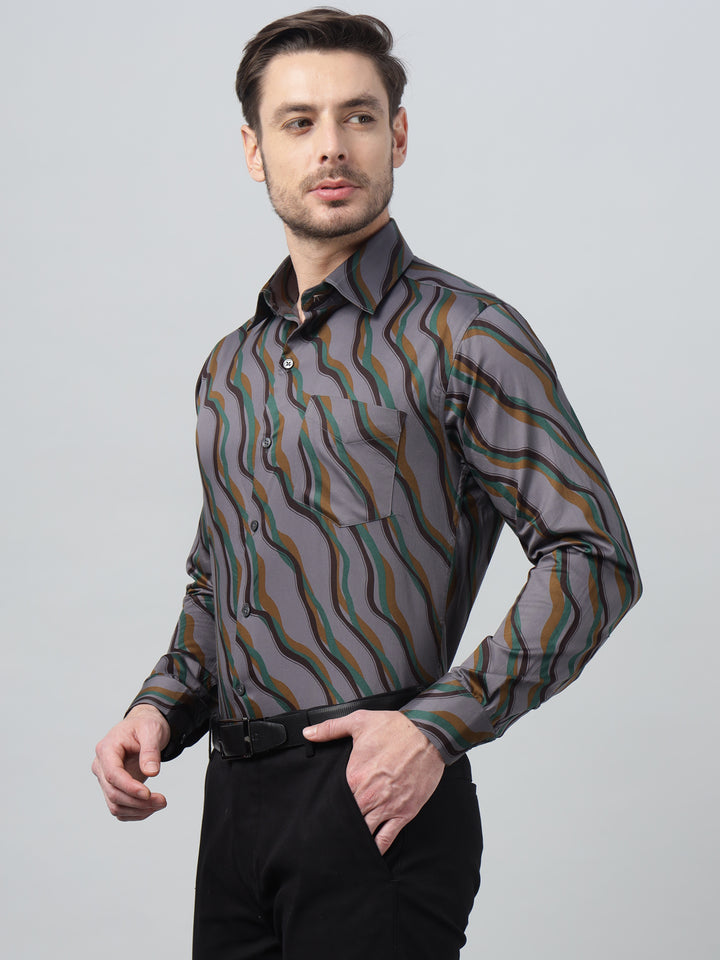 Hancock Men Grey & Mustard Print Spread Collar Slim Fit Party Shirt