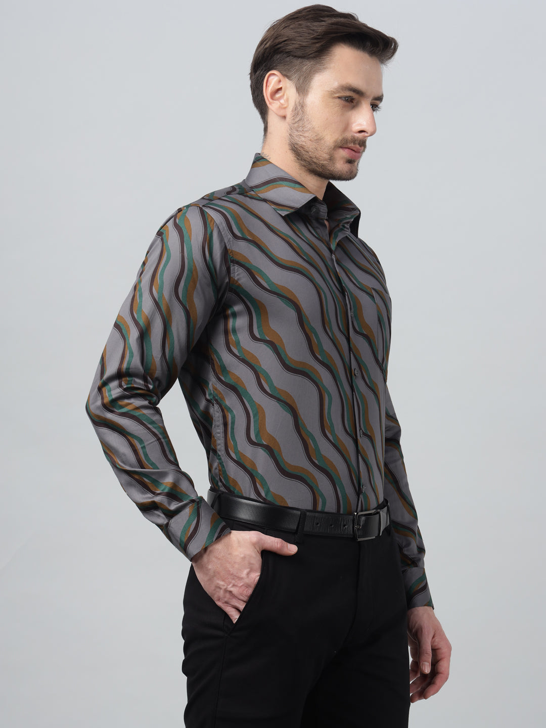 Hancock Men Grey & Mustard Print Spread Collar Slim Fit Party Shirt