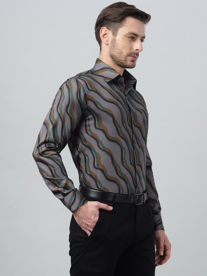 Hancock Men Grey & Mustard Print Spread Collar Slim Fit Party Shirt