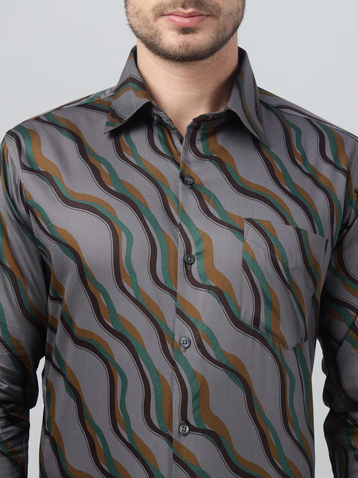 Hancock Men Grey & Mustard Print Spread Collar Slim Fit Party Shirt